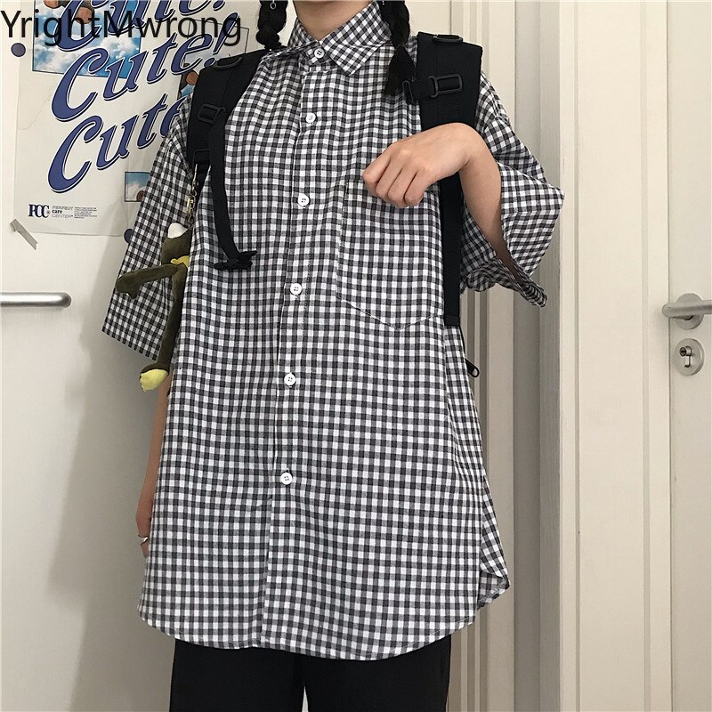 Streetwear Harajuku Woman Man Korean Button Up Short Sleeve Pocket Plaid Shirt Hip Hop Blouse Summer Casual Plus Size T