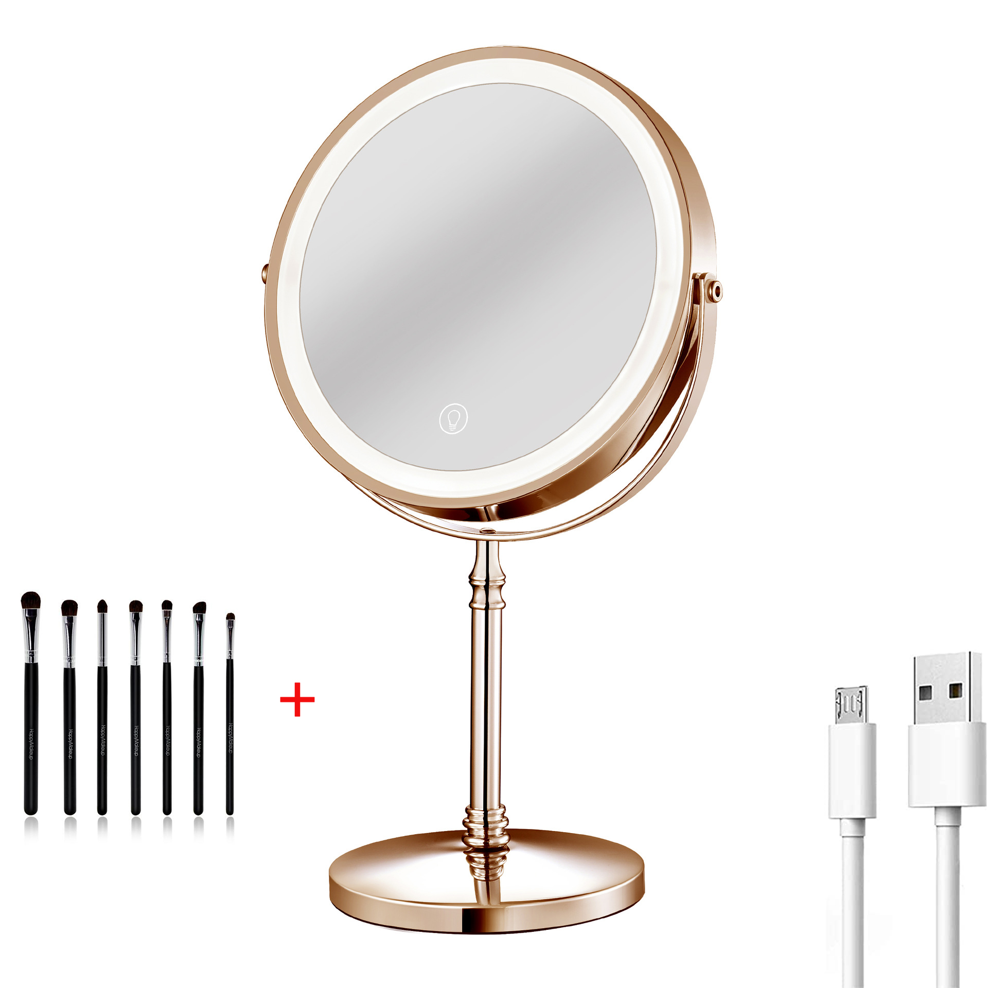 8" Lighted Makeup Mirror with Lights Double Sided Dimmable 10x Magnifying Mirror Rechargeable and Brightness Adjustable: Gold with brush