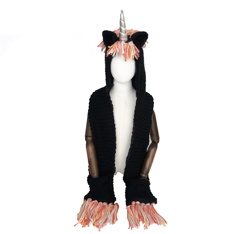 Kids Girls Rainbow Unicorn Soft Skullies Beanies Hats Shawl Scarf Set With Two Pockets Warm Knitted Bonnet Cap Christmas: C silver horn / M