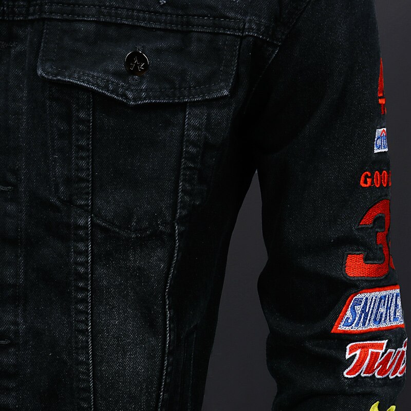 Men Casual Black Denim Jacket Streetwear Letter Embroidery Outerwear Cotton Back Ripped Pilot Coat