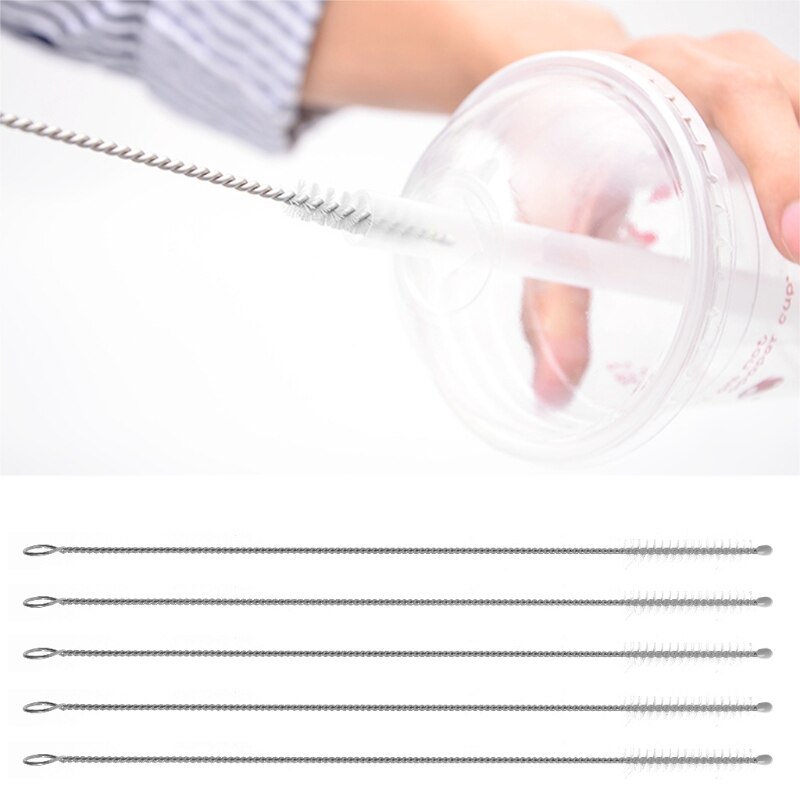 5pcs Baby Milk Feeding Bottle Drink Water Cup Straw Washing Brush Cleaner Stainless Steel Handle Spiral Soft Hair Cleaning Tool