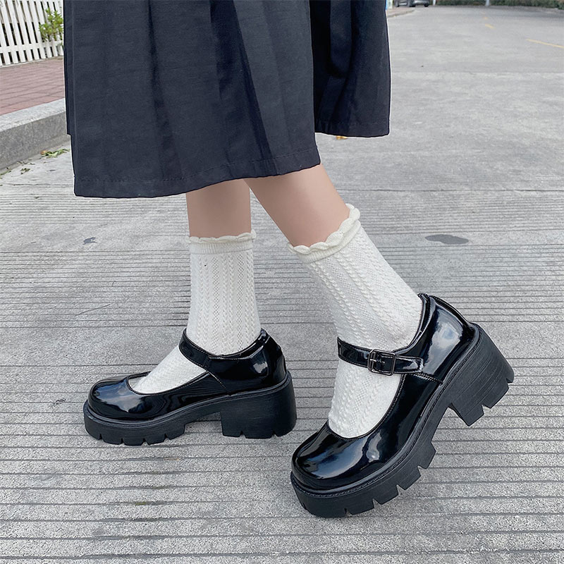 Women Pump Ladies Mid Heel Patent Leather High Heel Shoes Female Platform Shoes Woman Mujer Waterproof Buckle