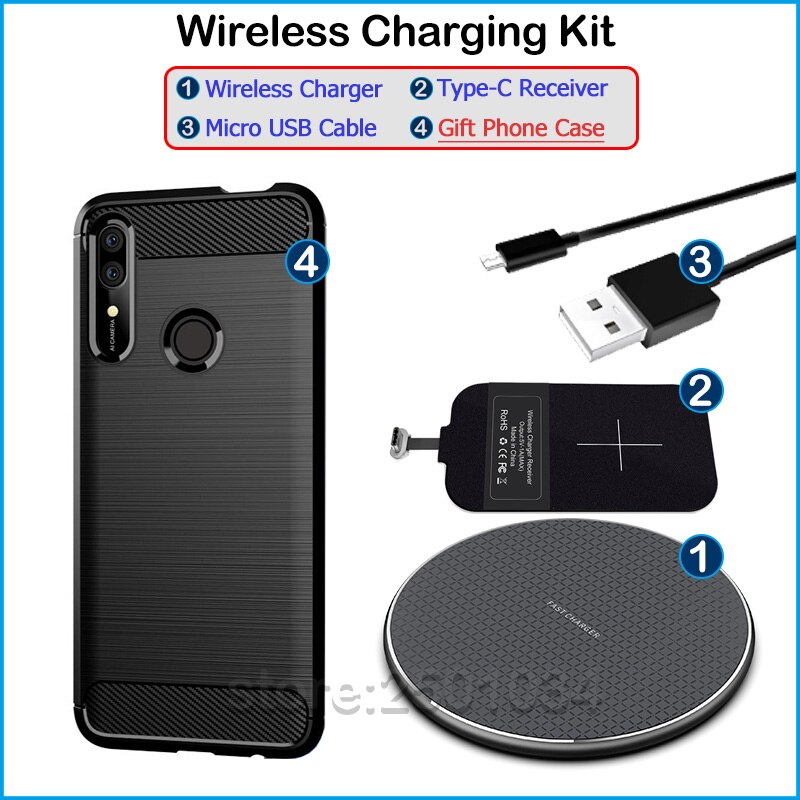 Qi draadloos opladen voor huawei p smart z qi draadloze oplader + usb type c-ontvanger nillkin-adapterconnector tpu-hoes: Draadloze opladerkit