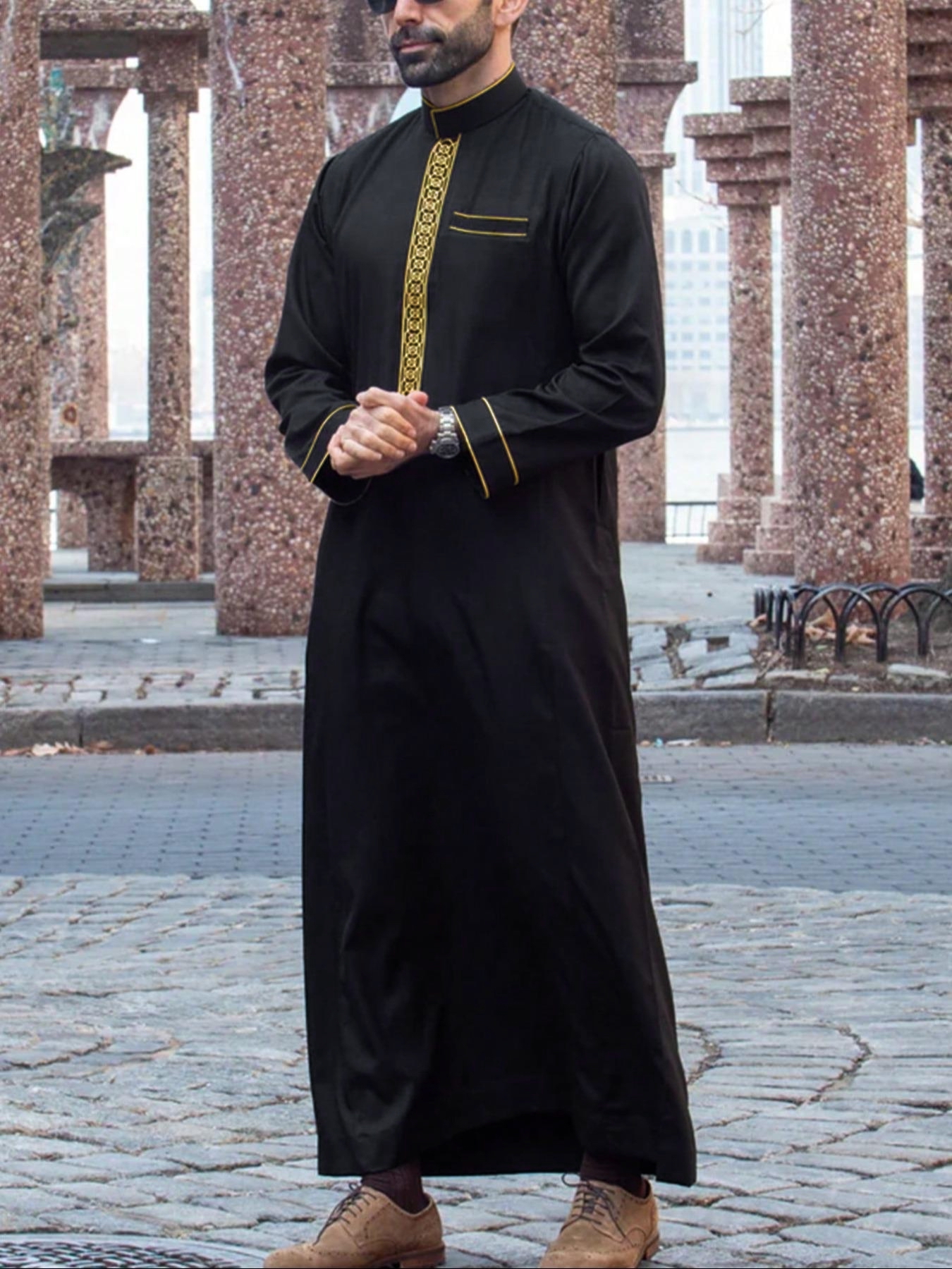 Túnica holgada islámica para hombre, manga larga, cuello levantado, bordado, estilo étnico árabe tradicional, vestidos formales informales para hombre Thobe