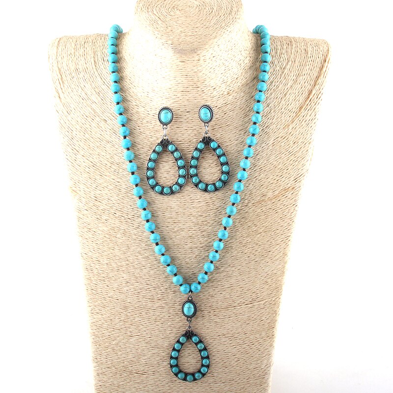 RH Boho Jewelry Set White / Blue Long Knotted Necklace Earring Set Women