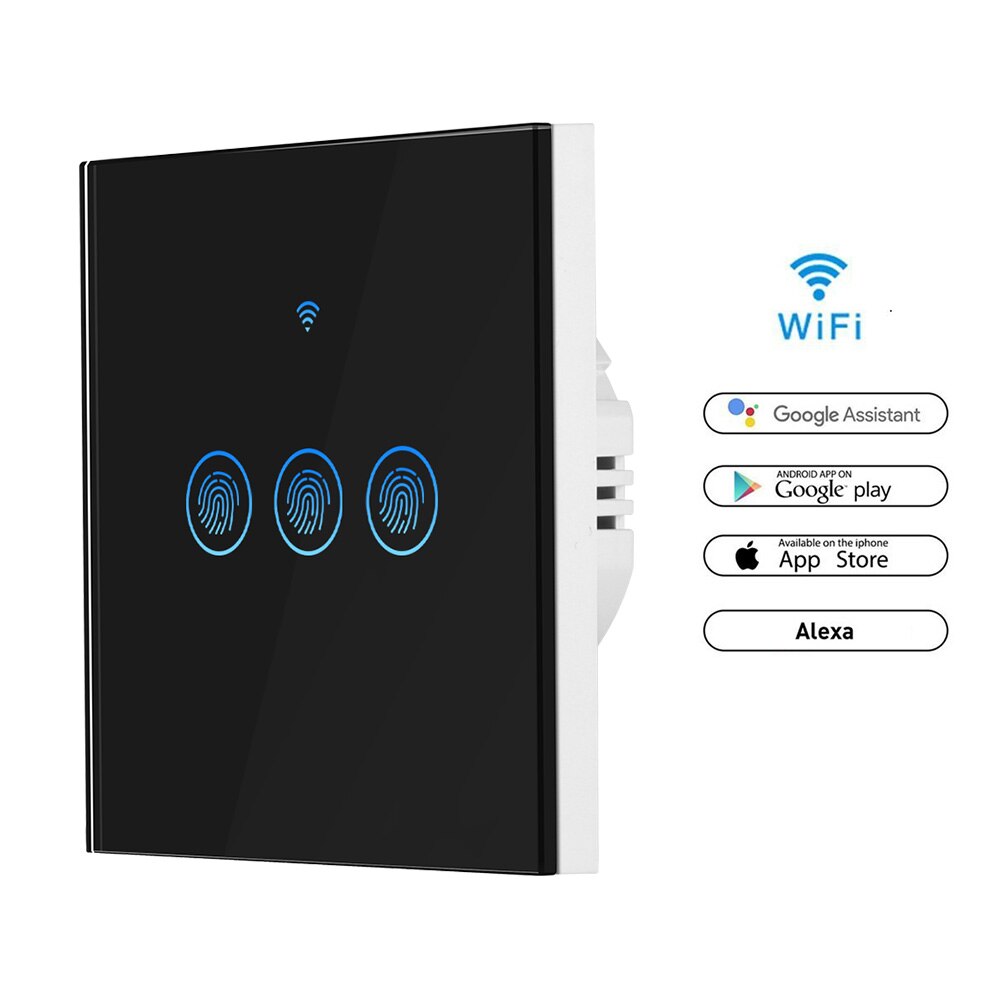 Smart switch Wifi Light Switch Glass Screen Touch Panel Voice Control Wall Switch work with Alexa Echo Google Home 1/2/3-Gang: eu size black 3gang