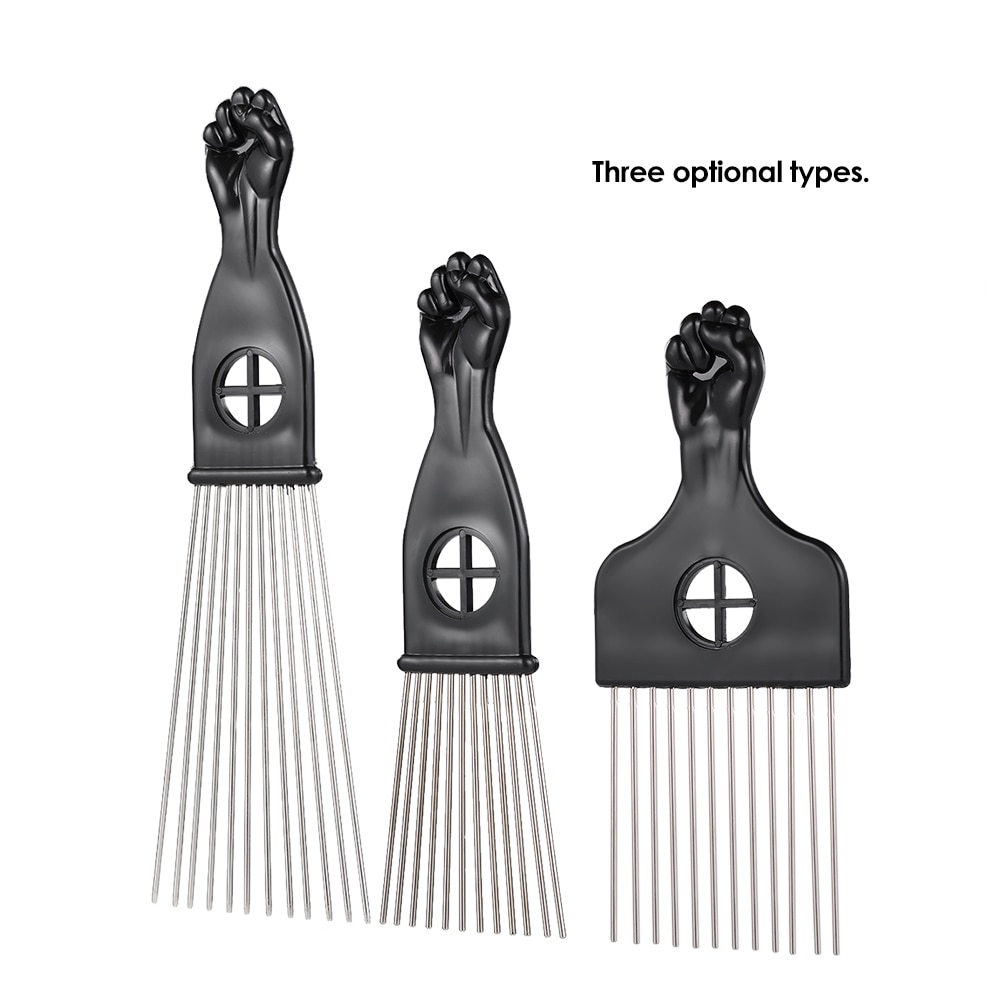 Peigne cheveux Afro en métal, peigne à dents larges, cueillette de cheveux, Insert de peigne, brosse à cheveux bouclés, outil de style de coiffure, peigne à manche en forme de poing noir