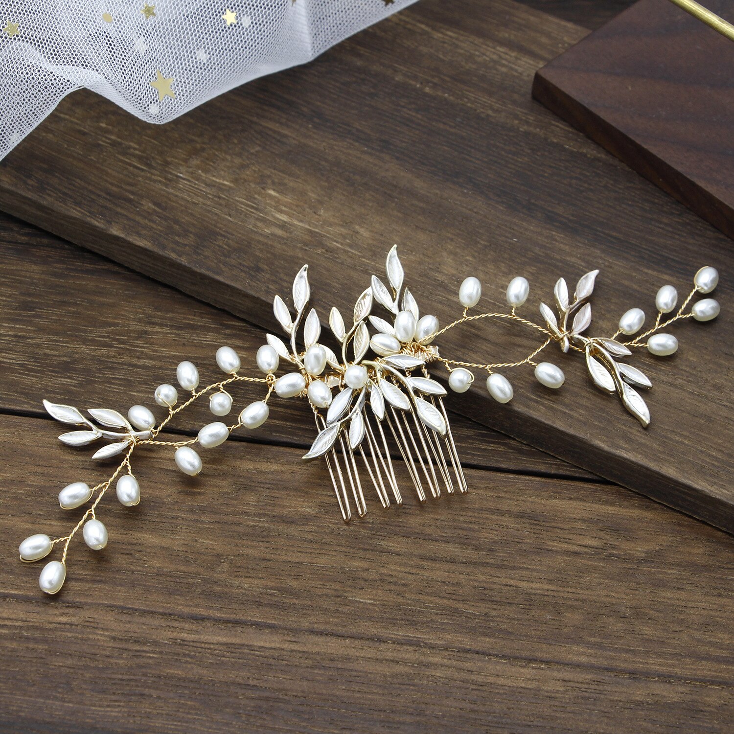 metal Leaves Pearl Mori crepe Hair combs women girls party Headwear bride headpiece: Antique Copper Plated