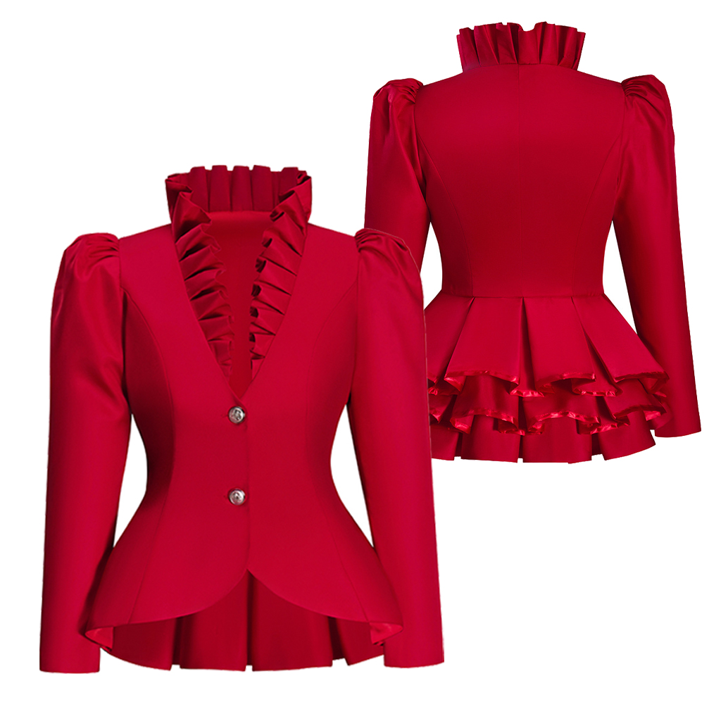 Viktorianische Gothic, eleganter roter Blazer, formelle Business-Rüschen, schmale Jacke mit V-Ausschnitt, viktorianische Trubel-Piratenjacke