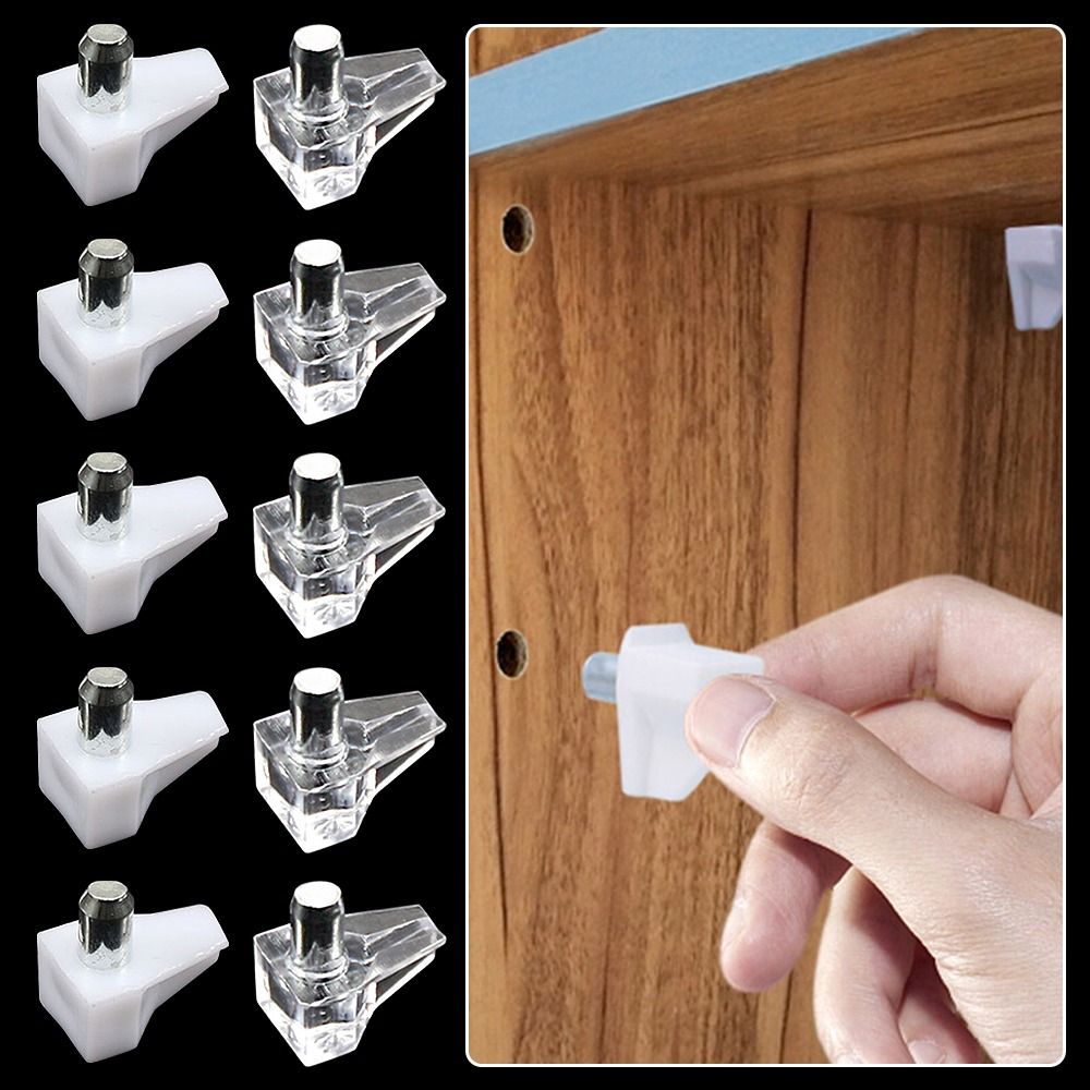 Support d'étagère transparent blanc avec goupille métallique, quincaillerie de support de planche, chevilles en plastique, filetage de goujon, accessoires de meubles, 5mm, 10 pièces