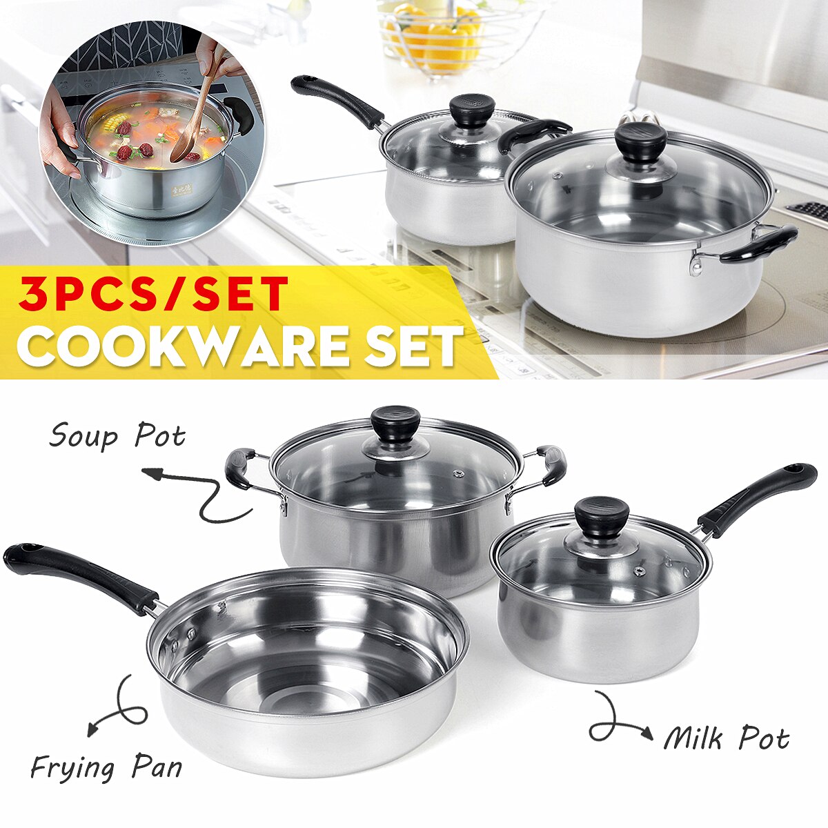 3Pcs/Set Stainless steel Pan Nonstick Iron Pot Cookware, Soup Pot with Lid+Milk Pot with Lid+Frying Pan