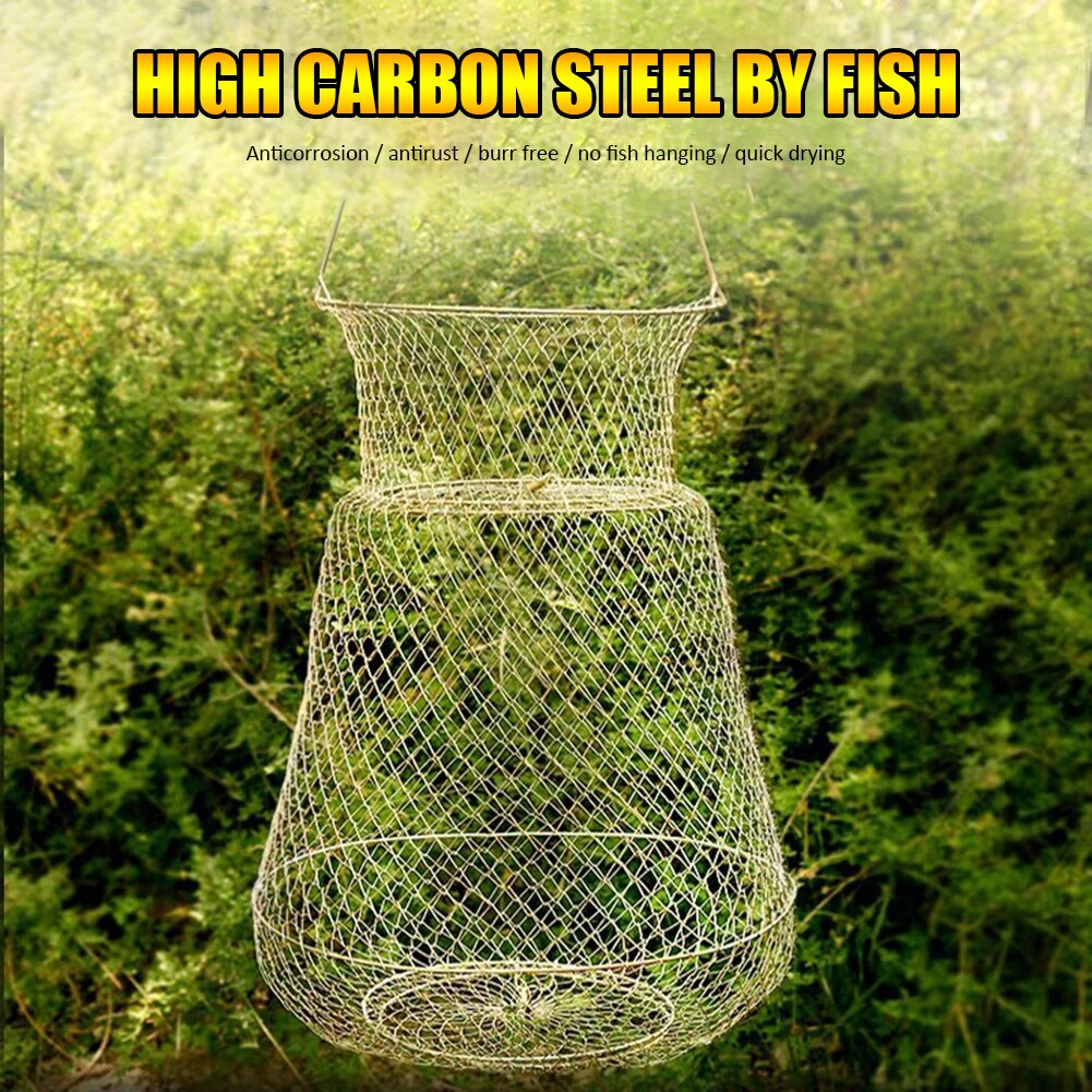 Foldable Steel Fish Basket Outdoor Portable Wire Woven Crab Lobster Storage Cage Fishing Trap Net Fish Protection Accessories