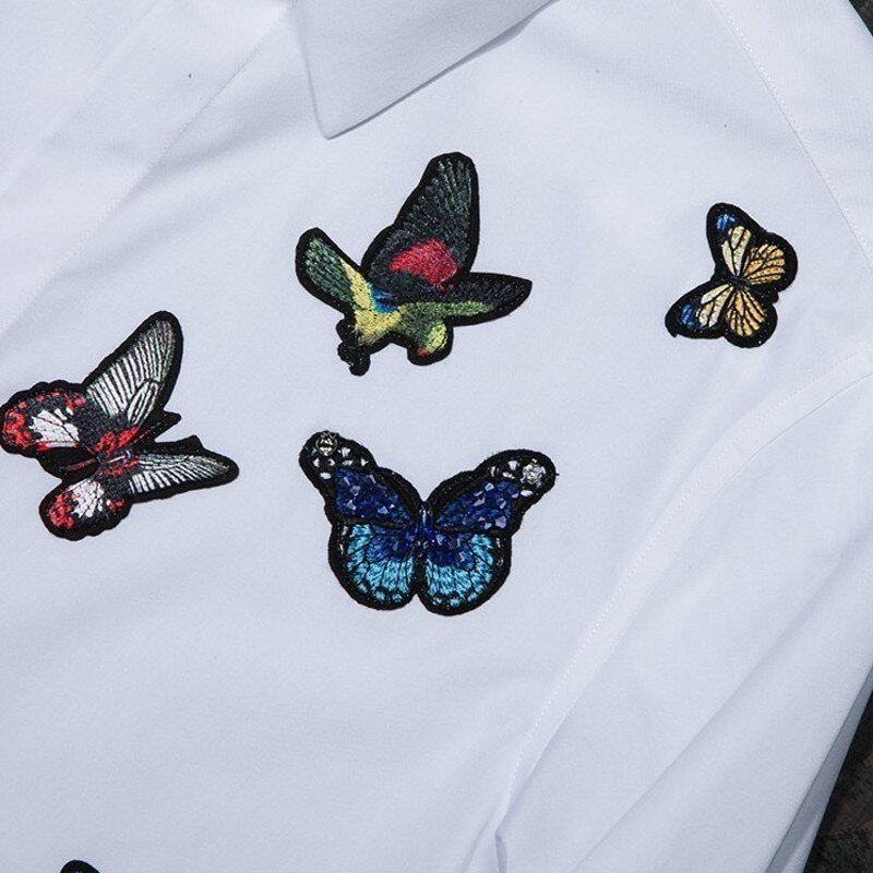 Primavera hombres mariposa vestido de boda bordado camisas entallado oficina trabajo solapa cuello Camisetas camisa de hombre blanco Formal superior