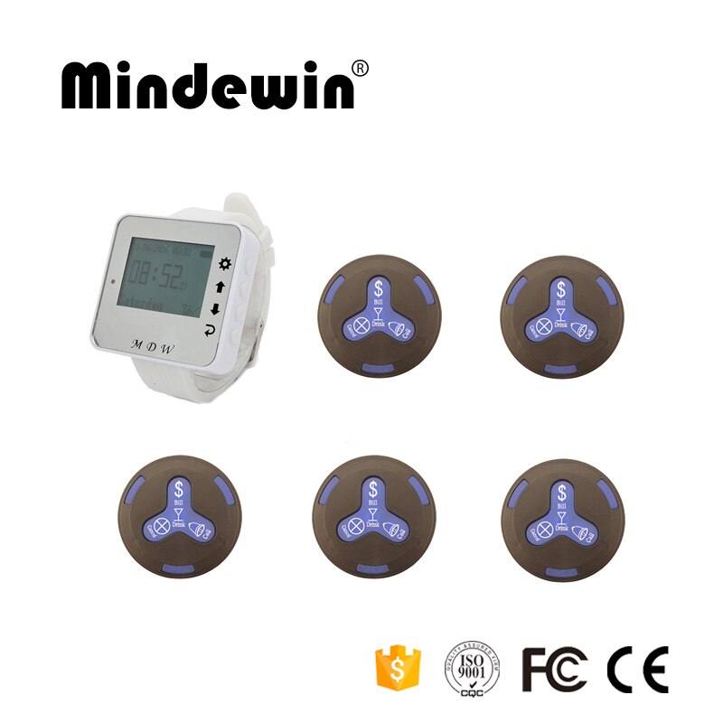 Mindewin 433MHz Restaurant Wireless Calling Paging System 1pc Wrist Watch Receiver Host +5pcs Black Call Transmitter Button: Blue