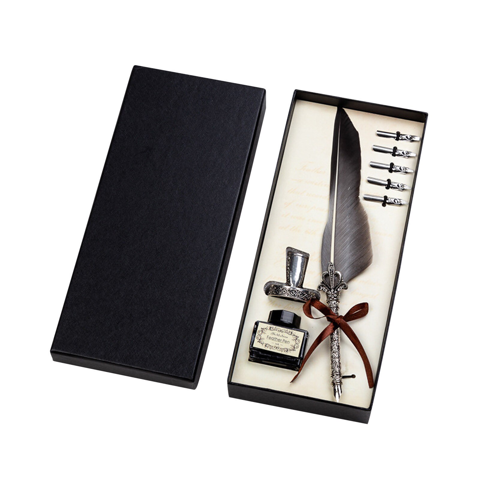Retro Vintage Calligraphy Feather Dip Pen Writing Ink Set Stationery Quill Fountain Pens Vintage Pen #N4: Gray 