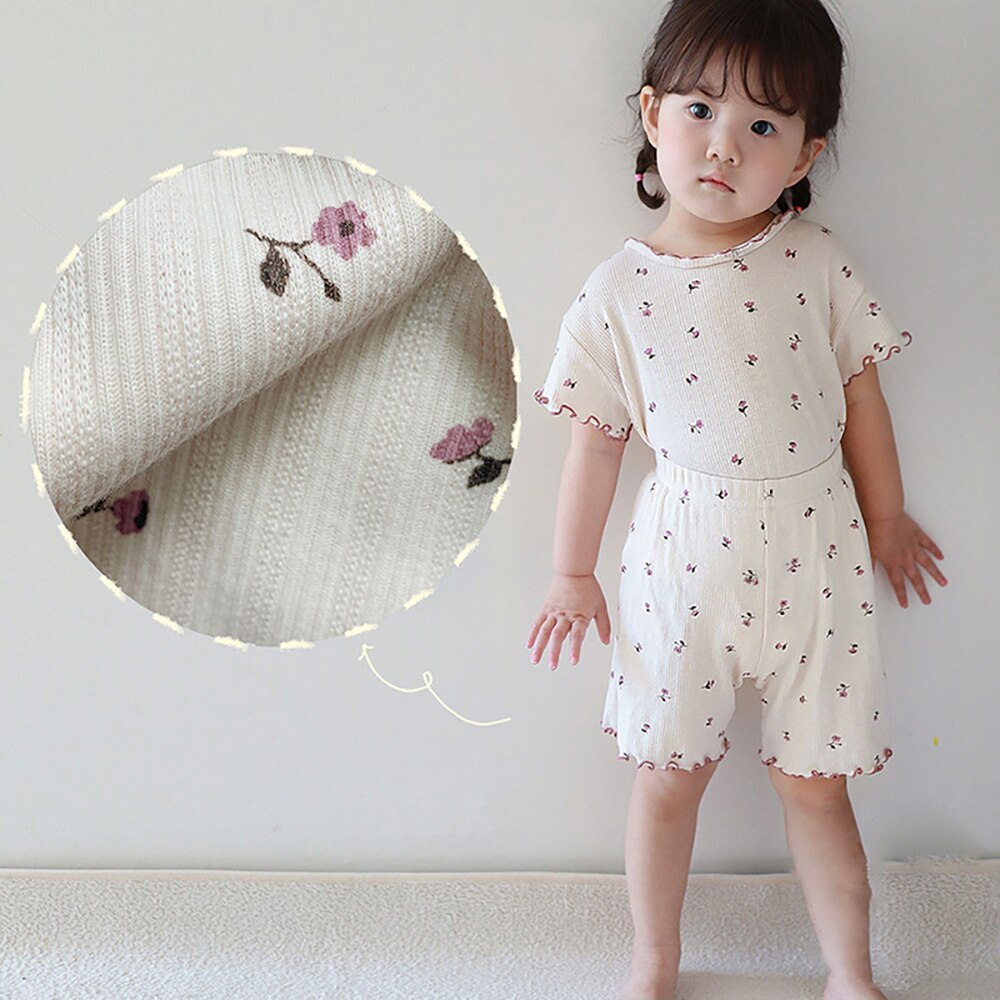 2022 Zomer Thuis En Slaap Kleding Voor Kids Pyjama Sets Gedrukt Korte Mouw Shorts 2 Stuks Pak Leisure Baby Meisjes dwarsliggers Sets: picture color / 18-24M 90
