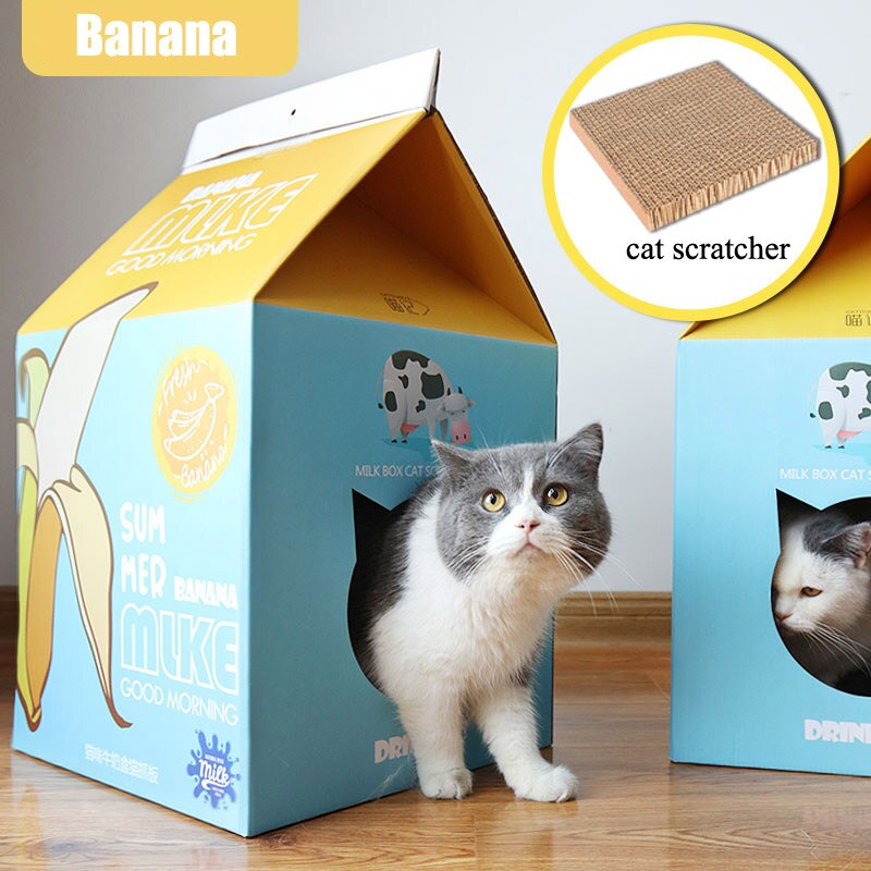 Caixa de leite gato casa gatinho cama pet scratcher papelão gato garra ponto proteger móveis papel ondulado brinquedos para gato animal estimação fornecimento: Banana milk box