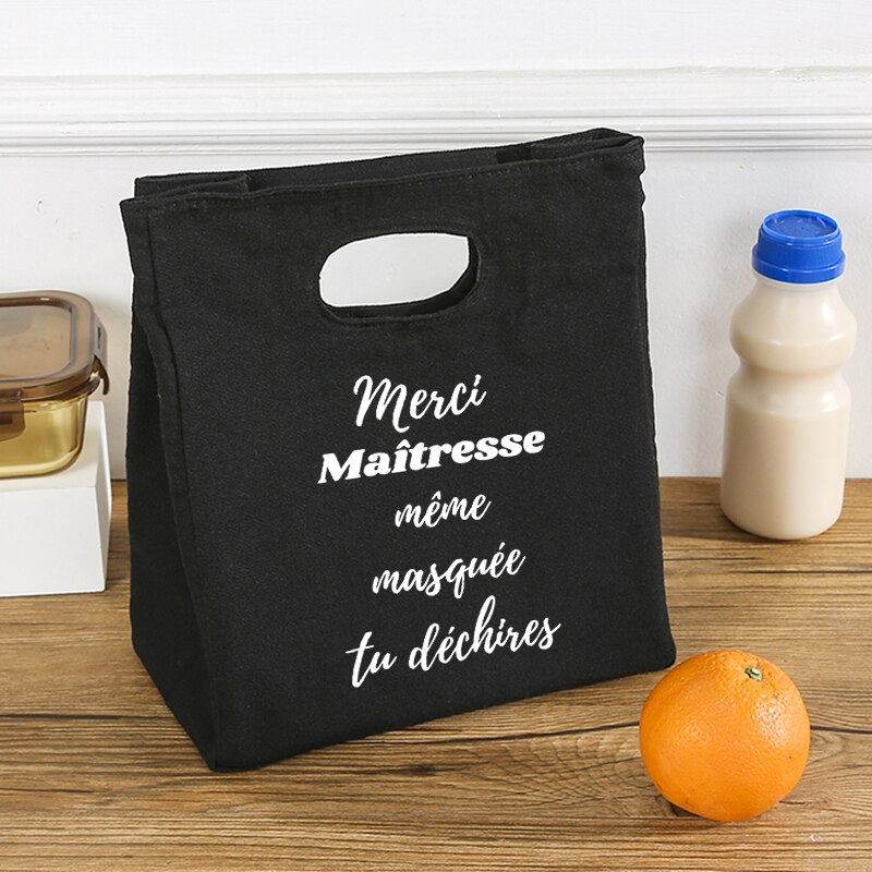 Merci Maîtresse geïsoleerde lunchtas voor dames Koeltas Thermische tas Draagbare lunchbox Zakken Ijspak Tote Voedsel Picknickzakken Cadeau: WHITE