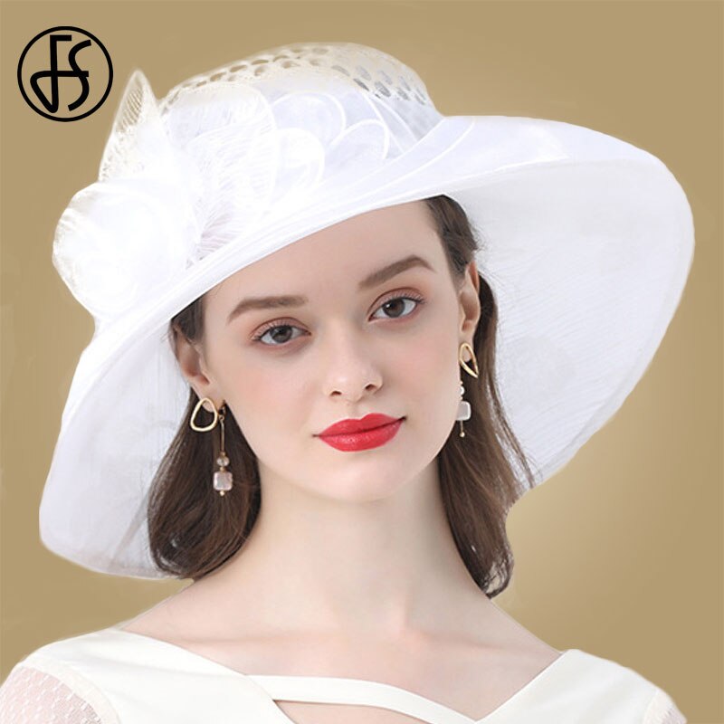 FS Women Black Hats For Summer Wide Brim Sun Hats Big Flowers Kentucky Derby Church Fedora Party Wedding Hat