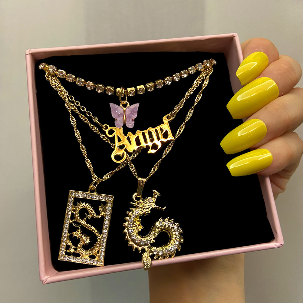 Collares de cristal multicapa con de mariposa y dragón para mujer, cadena de clavícula con letras de Ángel dorado Punk, joyería para de hip hop, novedad