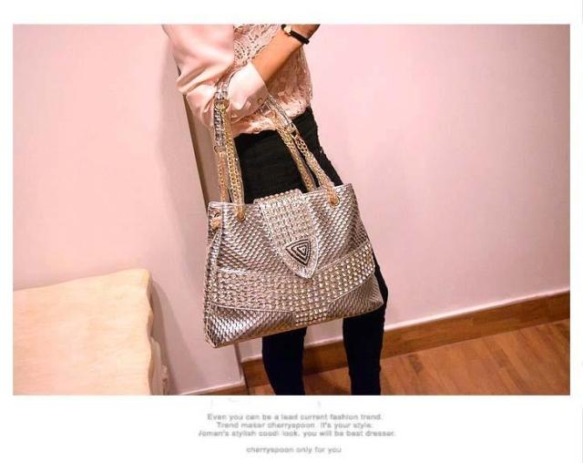 Bolsa feminina de ombro slung bolsa feminina com strass diamante com moda nova grande capacidade concha saco grande: Prateado