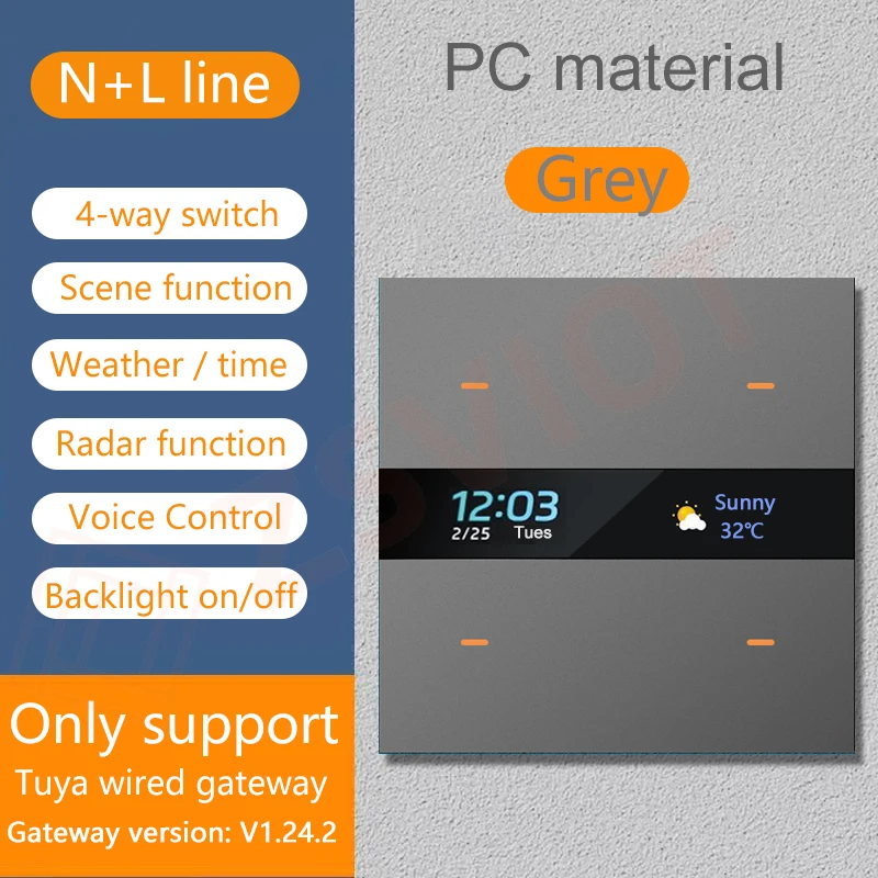 Tuya Smart Zigbee Switch With Weather time display Human body induction function 4 Gang Wall Light Button Switch remote control: black
