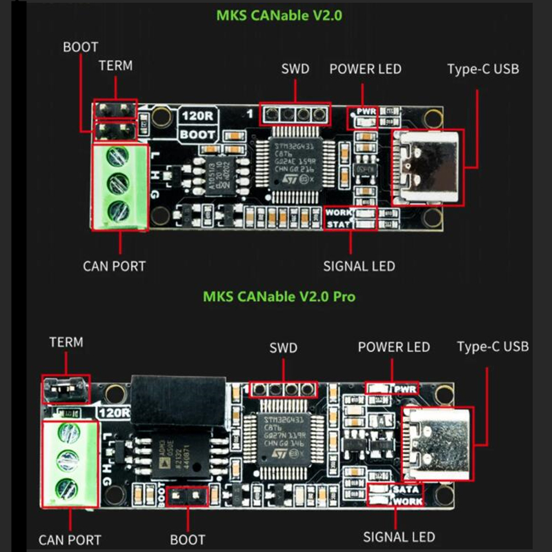 MKS CANable V2.0 S PRO USB to CAN adapter analyzer CANFD slcan SocketCAN CANdleLight klippe with cable