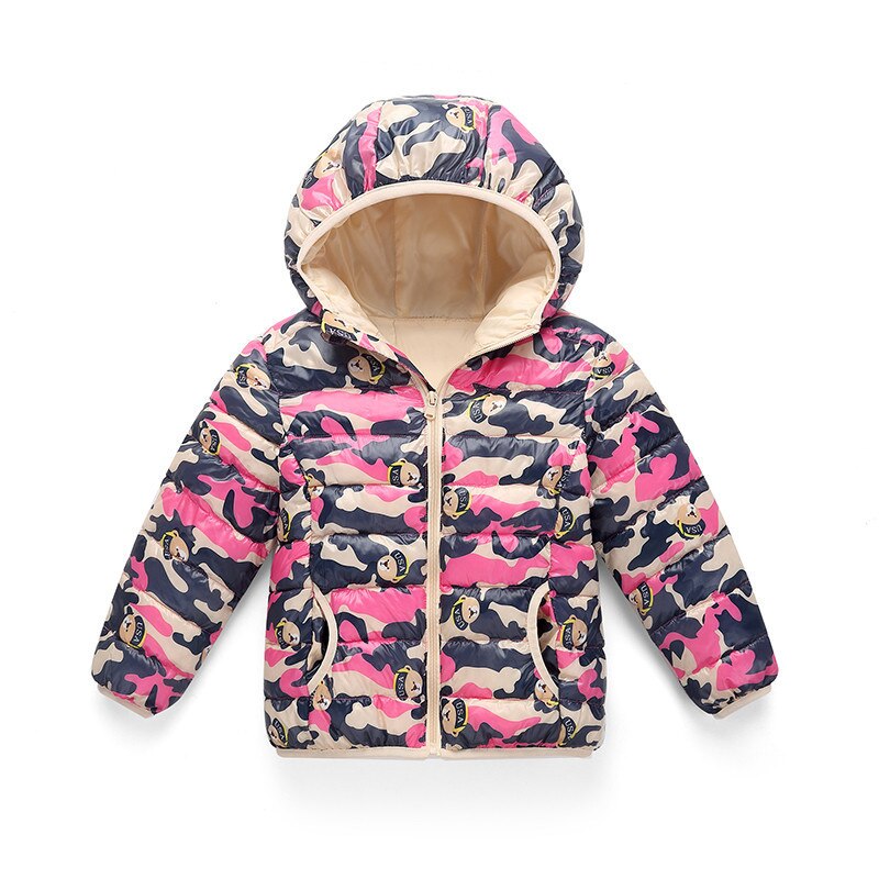 Veste en duvet de coton pour enfants, automne et hiver, manteau à capuche fin de Camouflage pour garçons et filles, vêtements d'extérieur Ultra légers avec fermeture éclair: Pink Camo / 150