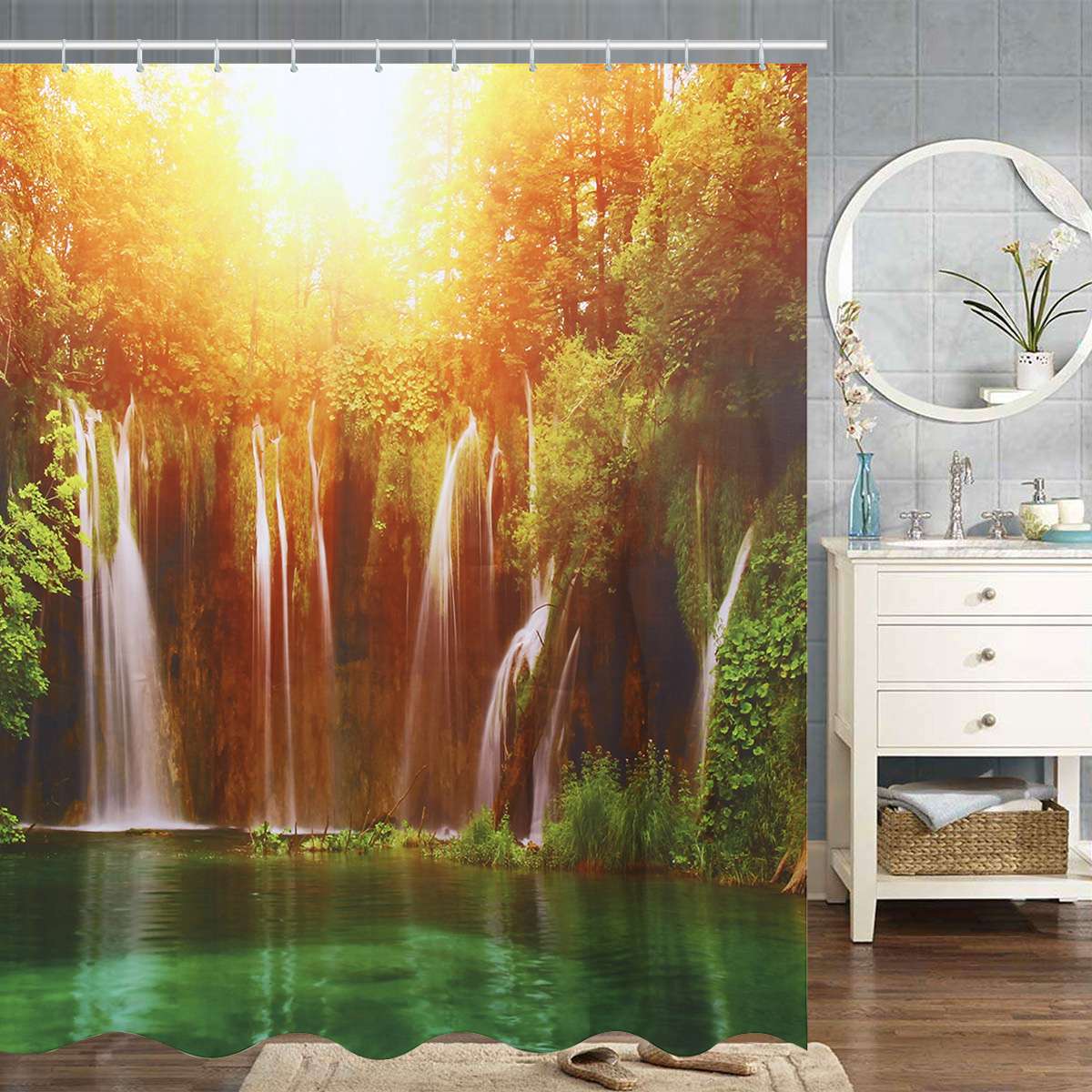 3D Waterval Landschap Waterdicht Douchegordijn Badkamer Landschap Bomen Bloem Badmat Set Voetstuk Tapijt Deksel Wc Cover: F Shower curtain