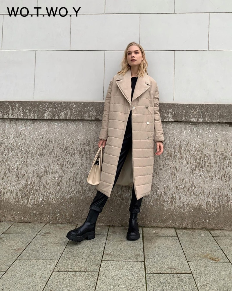 WOTWOY-Abrigo acolchado largo de Invierno para mujer, Parkas con cinturón grueso a prueba de viento para mujer, chaquetas informales liso de talla grande, ropa de nieve para mujer
