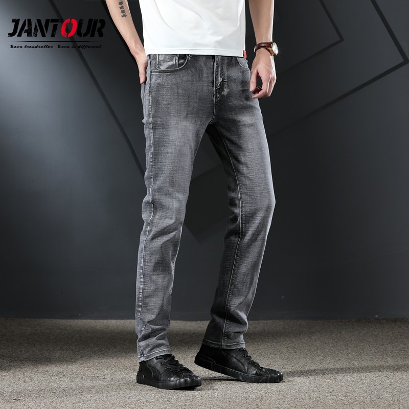 Merke vår sommer klassisk stil herre grå jeans virksomhet myk tøye ut denim grå bukser herre merke passe bukser