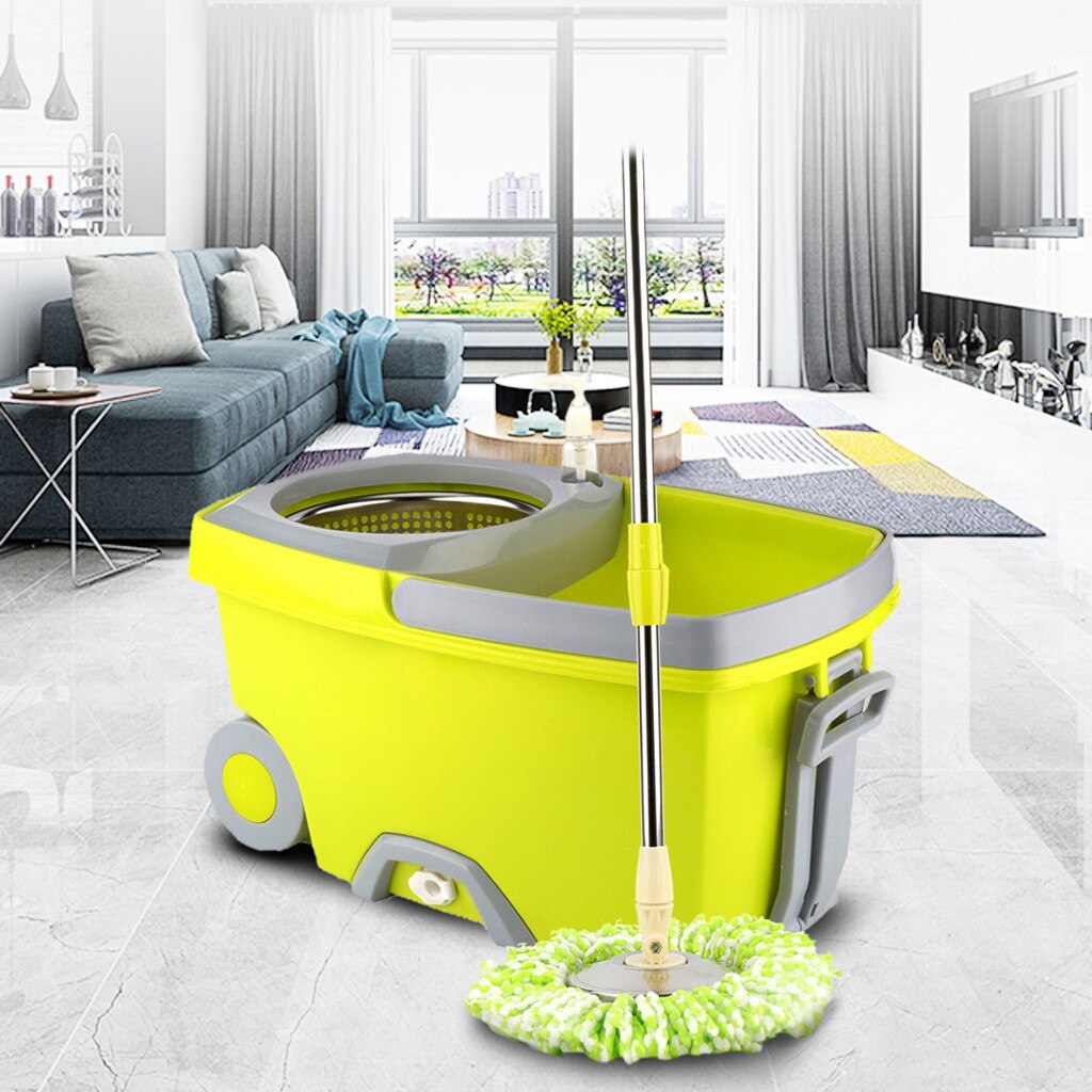 Upgraded Stainless Steel Microfiber 360 Rotating Mop And Bucket Kit Floor Clean Hands-free Spin Mop Bucket Set #C: Green