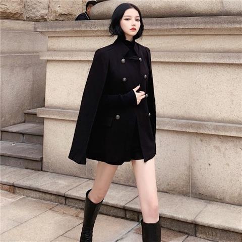 Manteau de cape noir pour femme, en laine, mi-long, col montant, ample, hiver: M