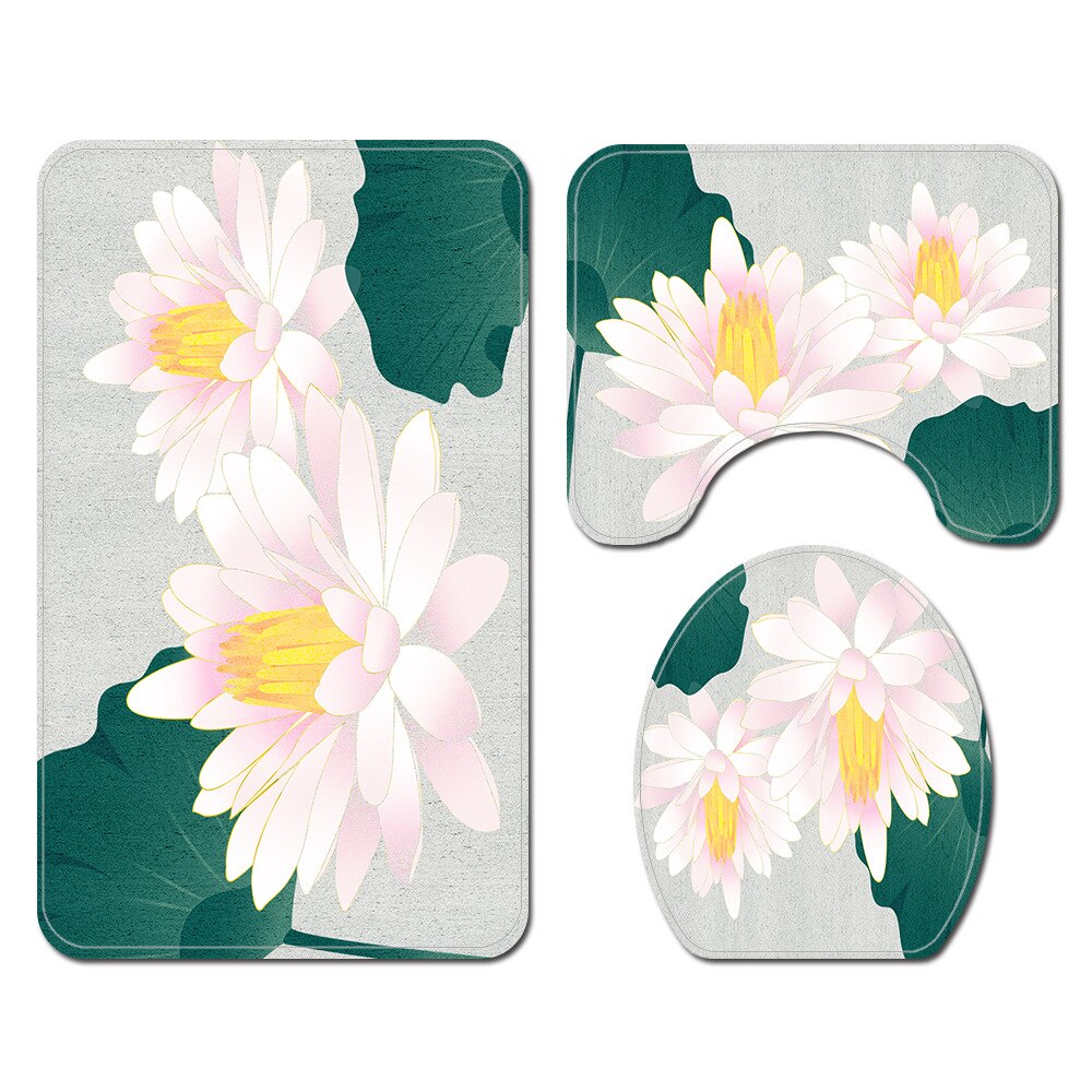 Floral Bathroom Carpet Shower Room Toilet Floor Mat Toilet Seat Cover Mat Bathroom Non-Slip Carpet Mat Set with Shower Curtain: Bath Mats-728