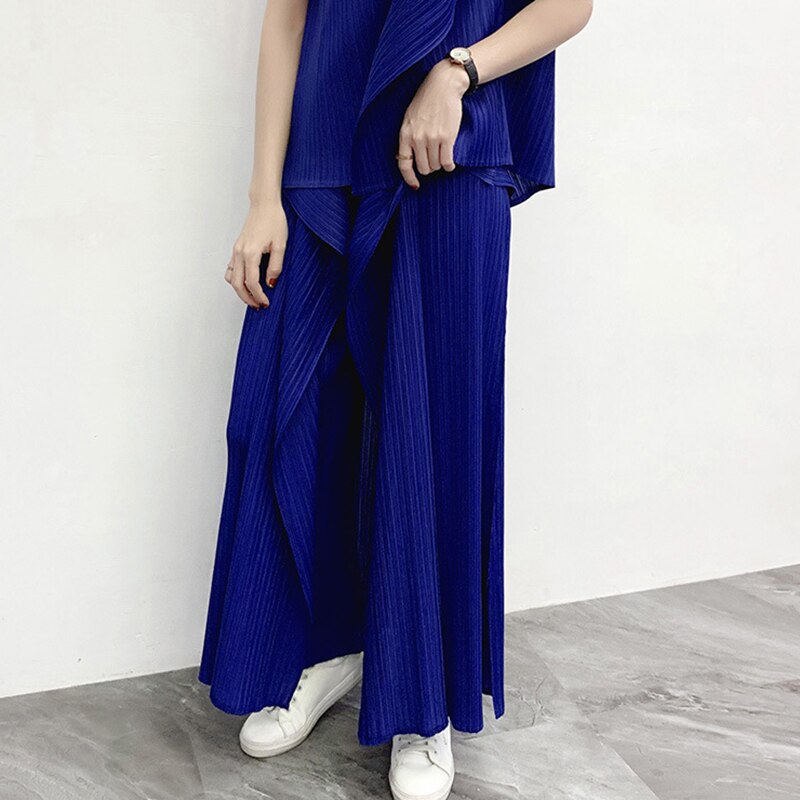 CHICEVER-Pantalones lisos de cintura alta para mujer, pantalón informal, liso de talla grande, fruncido, de pierna ancha, ropa de , estilo: Blue