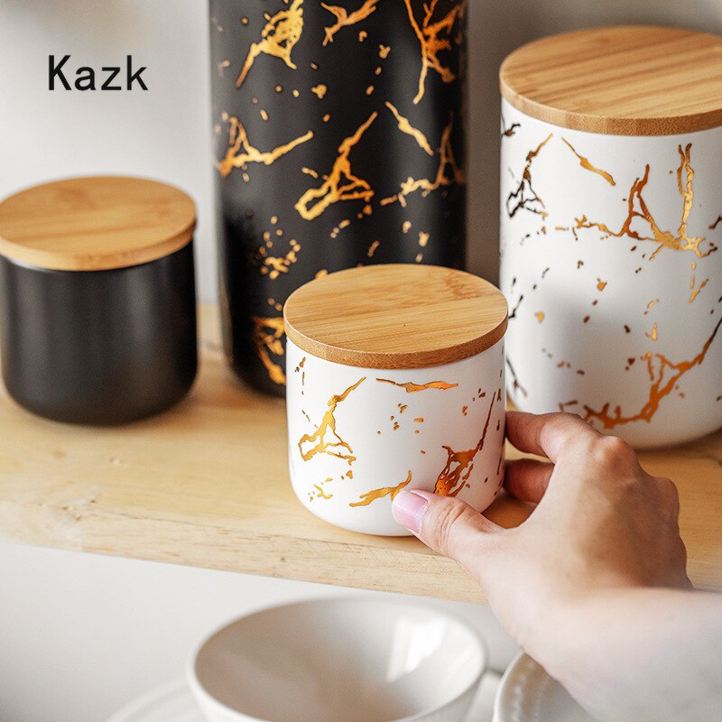 Nordic Black White Ceramic Jars Golden Stroke Matte Storage Suger Jar Coffee Cereal Dispenser Sealed Jar Kitchen Canister Sets