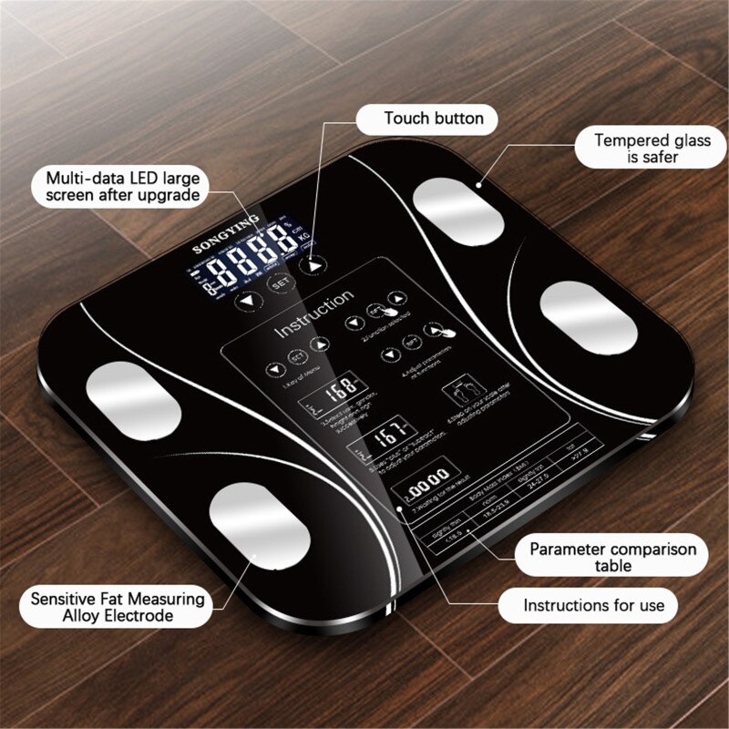 Electronic Weighing Scale USB Charging Sakura Smart Household Weighing Scale Fat Scale LED Digital English Function Screen Home