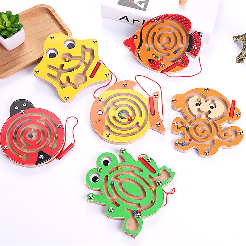 Children Magnetic Maze Toy Kids Wooden Puzzle Game Toy Kids Early Educational Brain Teaser Wooden Toy Intellectual Jigsaw Board