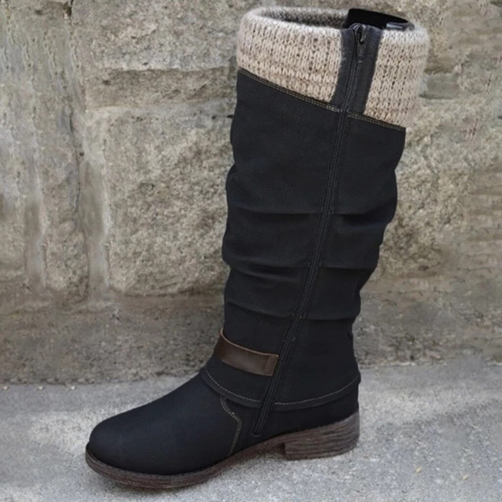 Bottes femmes hiver Patchwork bottes chaussures loisirs fermeture éclair couleurs mélangées talons plats femme grande taille haute moto bottes chaussures
