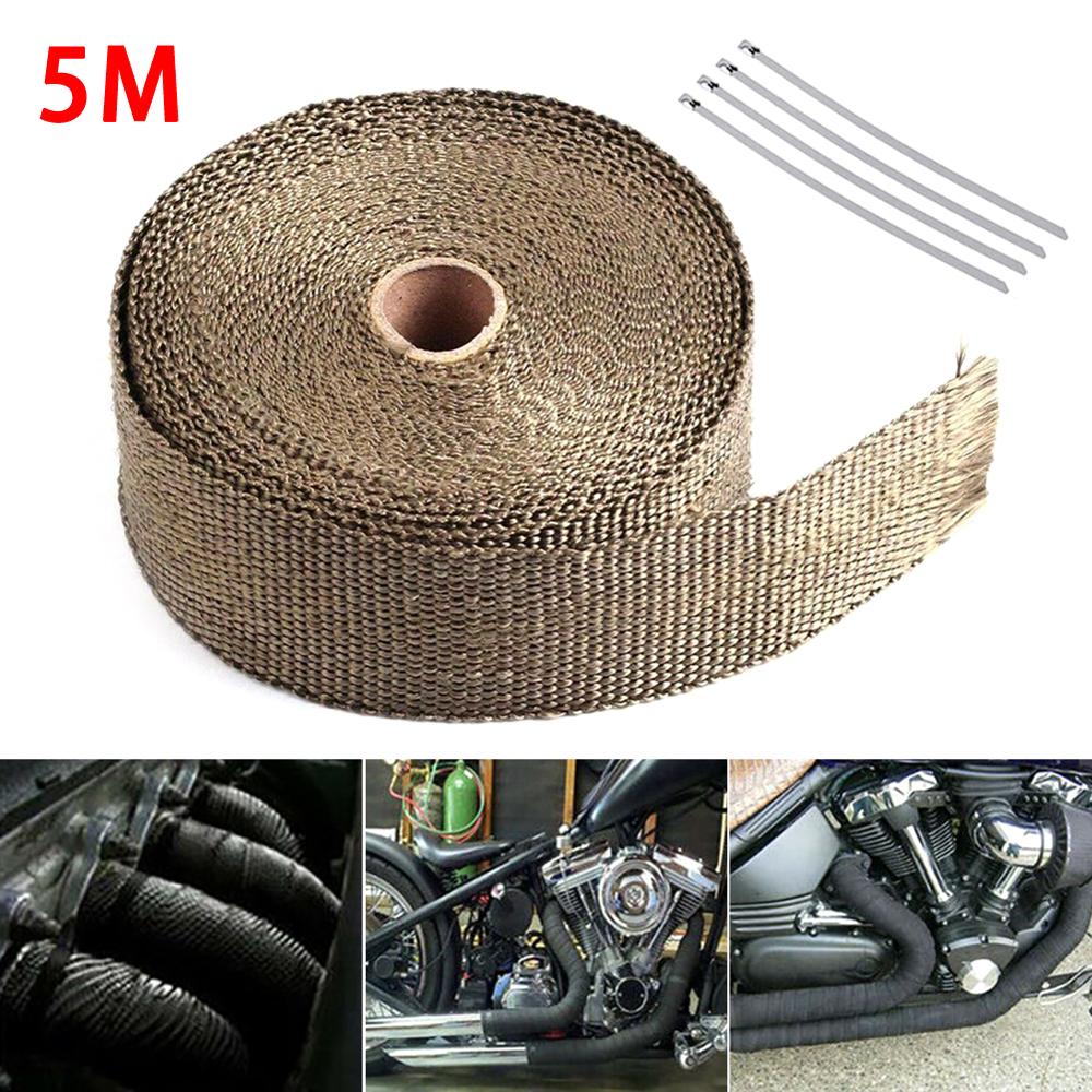 5M Roll Fiberglass Heat Shield Motorcycle Exhaust Header Pipe Heat Wrap Tape Thermal Protection+ 4 Ties Kit Exhaust Pipe Insulat
