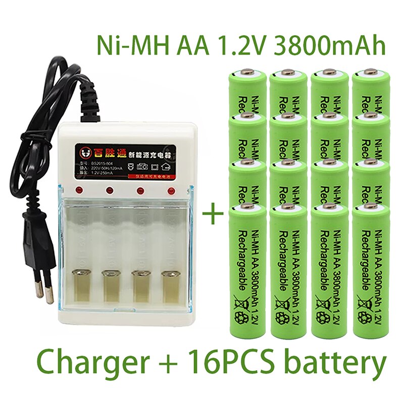 Aa 1.2v 3800 mah batteri ni-mh genopladeligt batteri til legetøjsfjernbetjening genopladelige batterier  aa 1.2v batteri+oplader: Gul