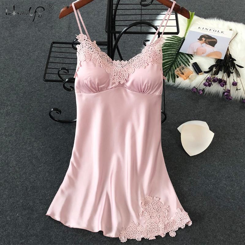 Women Silk Sleepshirts Lace Babydoll Lingerie Satin Chemise Nightgown V Neck Sleepwear Nighty Nightgown wWith Chest Pad Homewear
