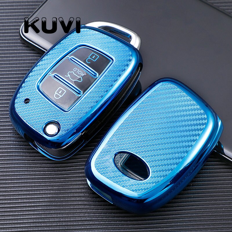 Carbon Fiber TPU Car Key Cover Case Shell for Hyundai Tucson Creta Ix25 I10 I20 I30 Verna Mistra Elantra Santa Fe: blue