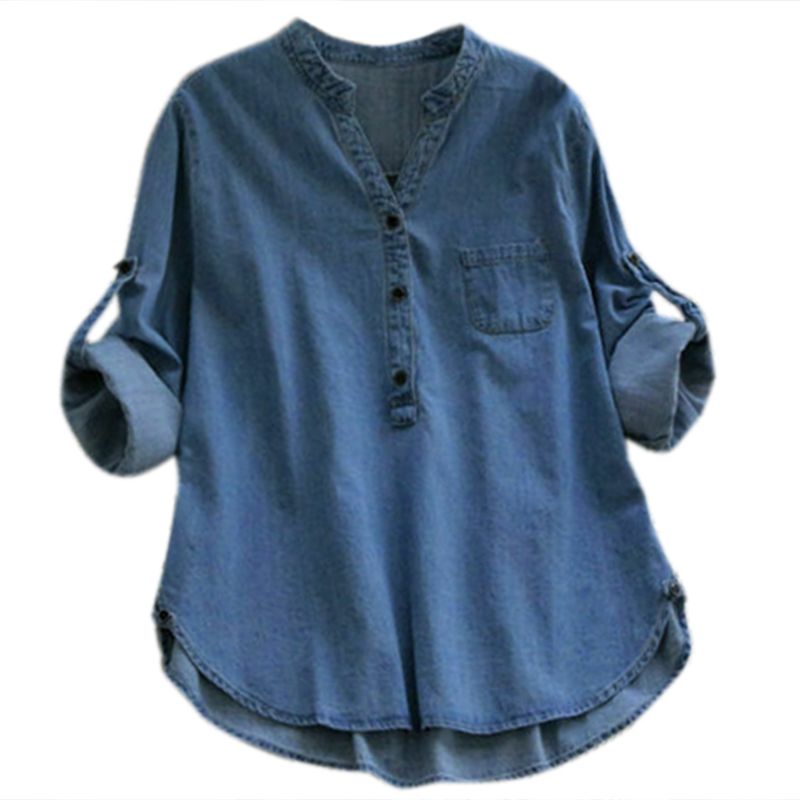 Dames casual denim blauw asymmetrisch lang overhemd tops knopen blouse plus maat 67jc: Lb-xl