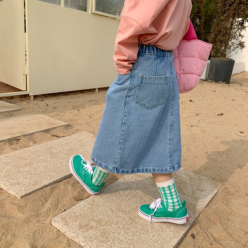 2022 Lente Kinderkleding Koreaanse Meisje Slant Knoopsluiting Geborduurd Denim Rok: 90cm
