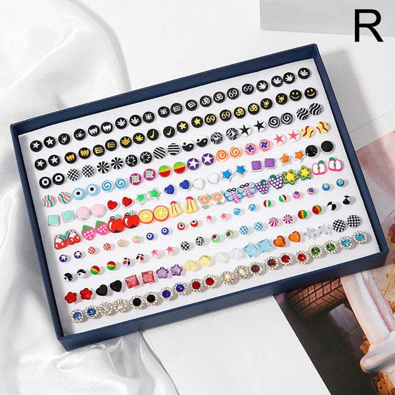 100 Pairs Boxed Leuke Oorbellen Gemengde Stijlen Kristal Kleine Stud Oorbellen Sets Meisje Geometrische Plastic Oorbellen Voor Vrouwen Sieraden