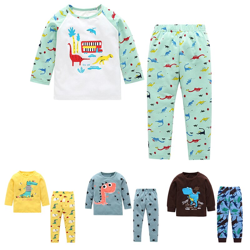 Children Boys Girls Dinosaur Print Sleepwear Sets Long Sleeve T Shirts Long Pants Cute Casual Homewear Cartoon Knitted Cotto