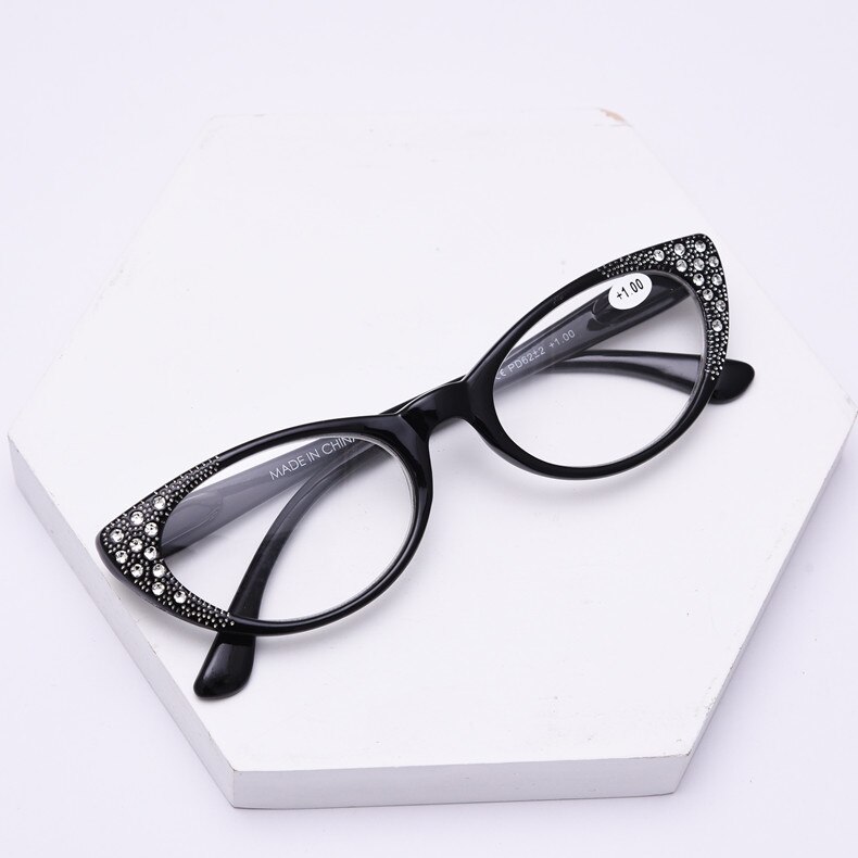 Oulylan Katze Auge Lesebrille Frauen Diamant Presbyopie Brillen Hyperopie Brille Damen Eyewears Tragbare + 2,0: +250 / Schwarz