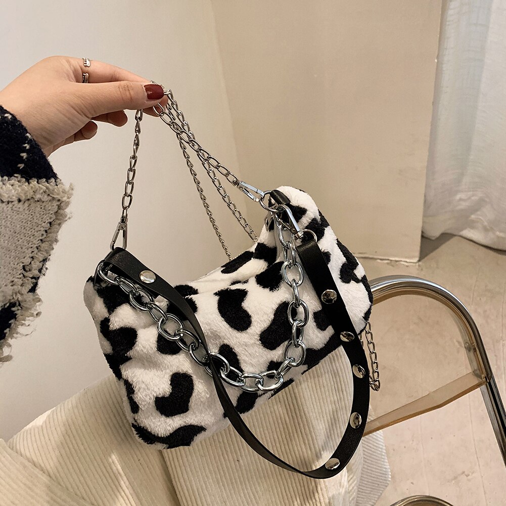 hiver vache imprimer sacs à bandoulière pour femmes doux en peluche sac à main femme chaîne sac bandoulière fourrure moelleux sac sac femme: Cow Print Type B