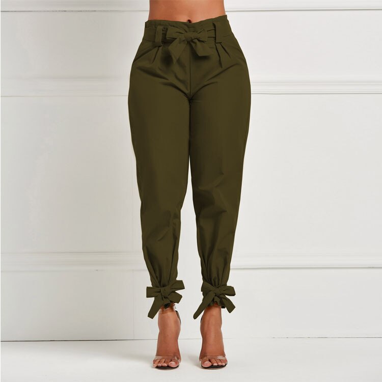 Femmes été Harem pantalon avec ceinture noeud papillon solide pantalon dames décontracté taille moyenne filles rue vêtements: Vert armée / M
